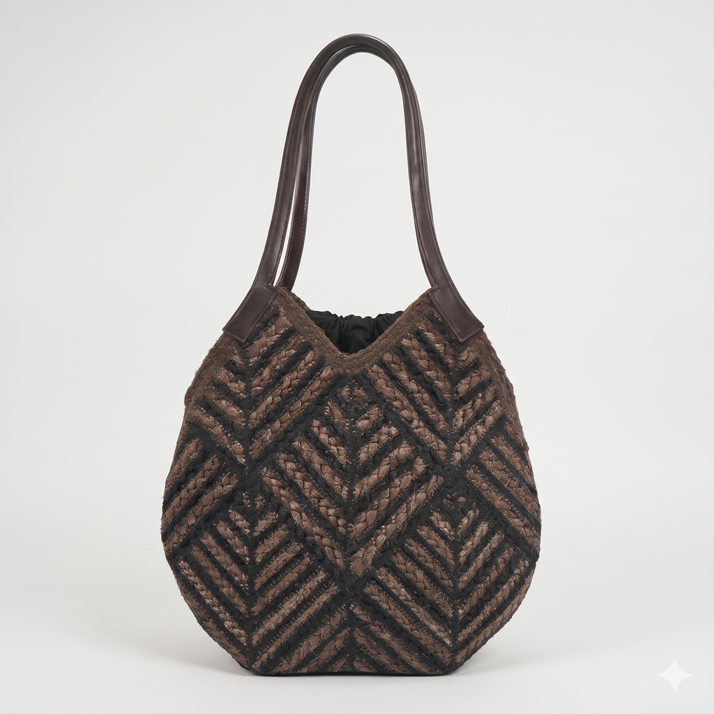 ELARA – Resort-Shopper mit Chevron-Webmuster in Dunkelbraun-Schwarz