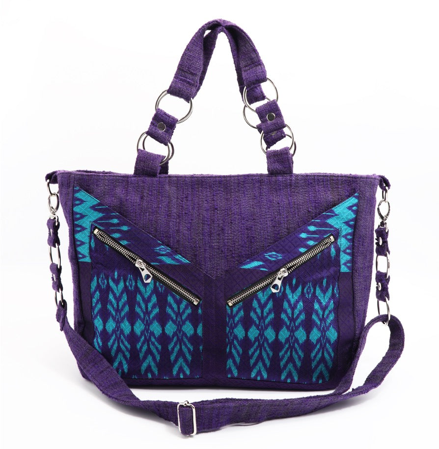 Handgewebte Shopper-/Tote Bag aus Baumwolle & Seide – Seiden-Details + Seidenfutter