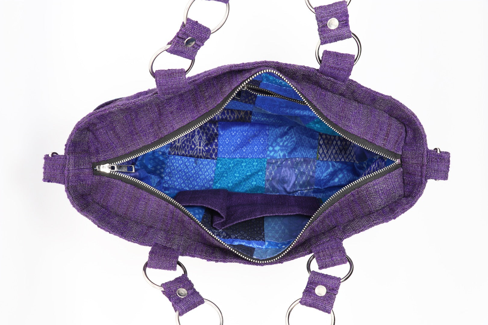 Handgewebte Shopper-/Tote Bag aus Baumwolle & Seide – Seiden-Details + Seidenfutter