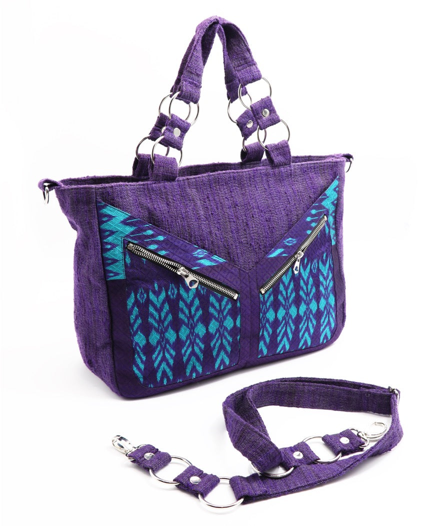 Handgewebte Shopper-/Tote Bag aus Baumwolle & Seide – Seiden-Details + Seidenfutter