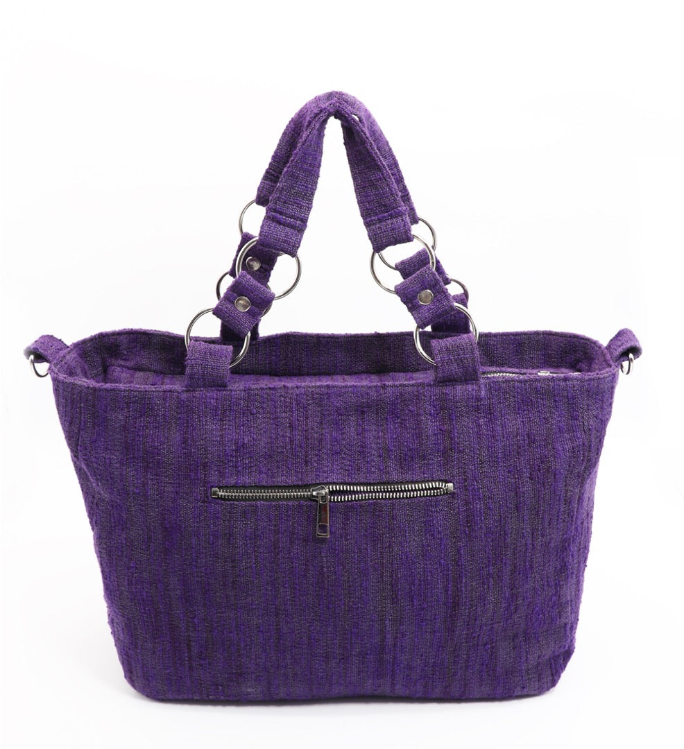 Handgewebte Shopper-/Tote Bag aus Baumwolle & Seide – Seiden-Details + Seidenfutter