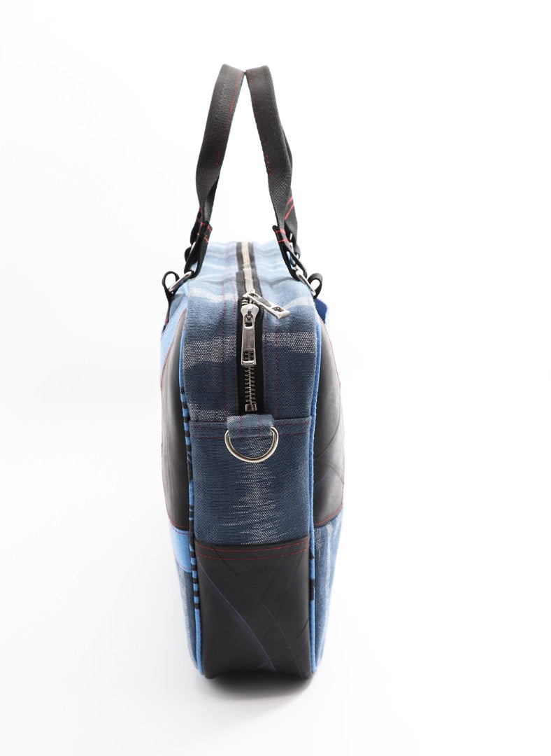 Upcycling Laptoptasche aus handgewebter Baumwolle & Reissack-Futter, Reifenschlauch-Details, Laptop Bag mit Schultergurt