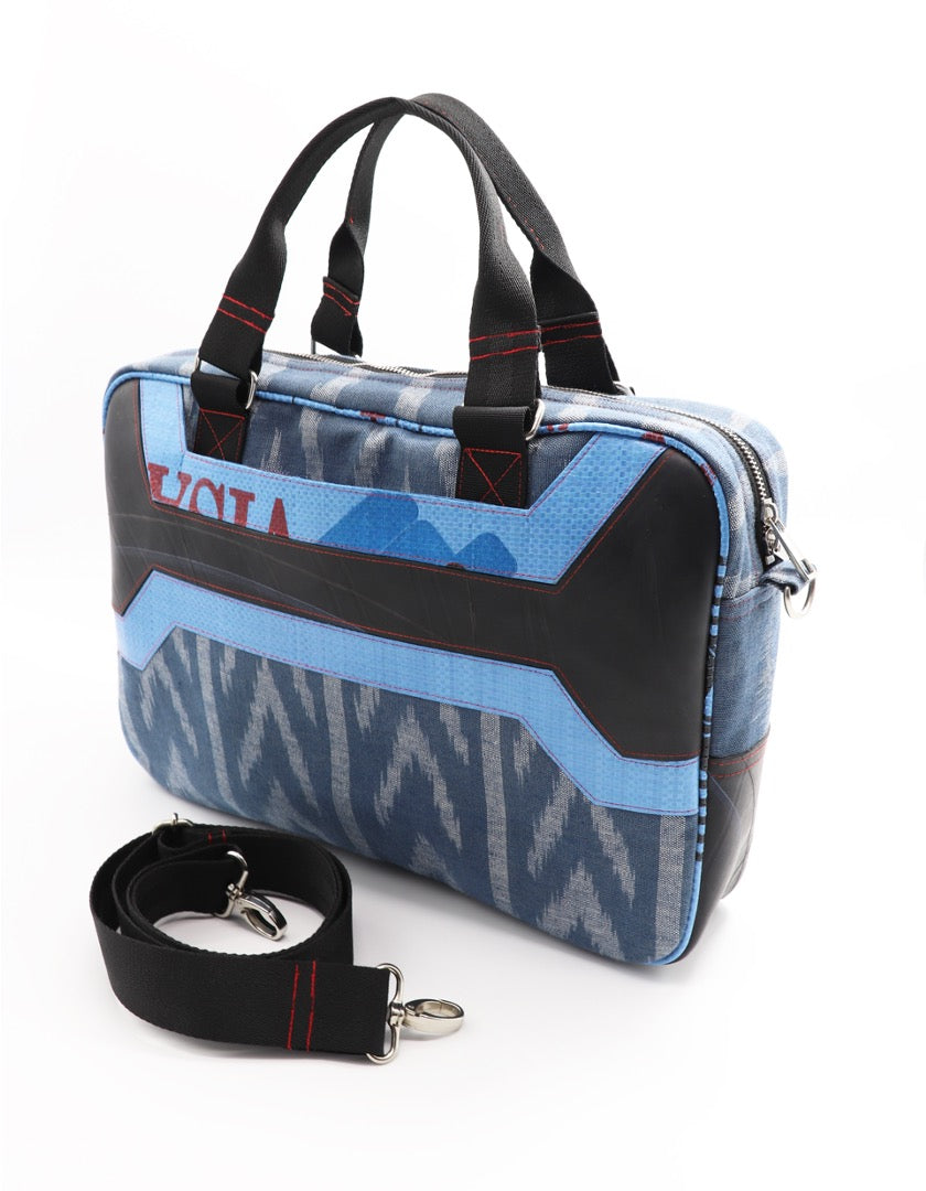 Upcycling Laptoptasche aus handgewebter Baumwolle & Reissack-Futter, Reifenschlauch-Details, Laptop Bag mit Schultergurt