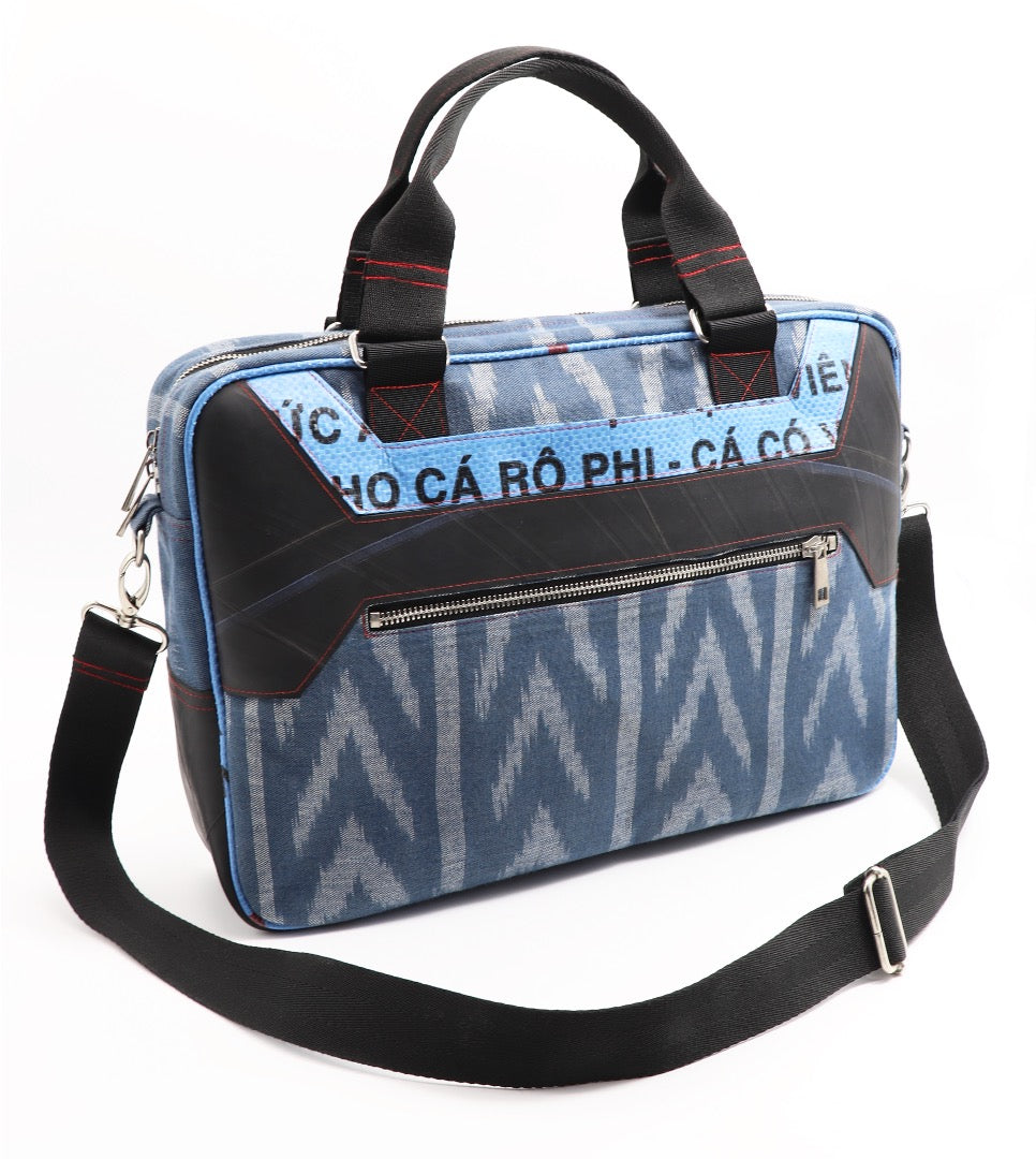 Upcycling Laptoptasche aus handgewebter Baumwolle & Reissack-Futter, Reifenschlauch-Details, Laptop Bag mit Schultergurt